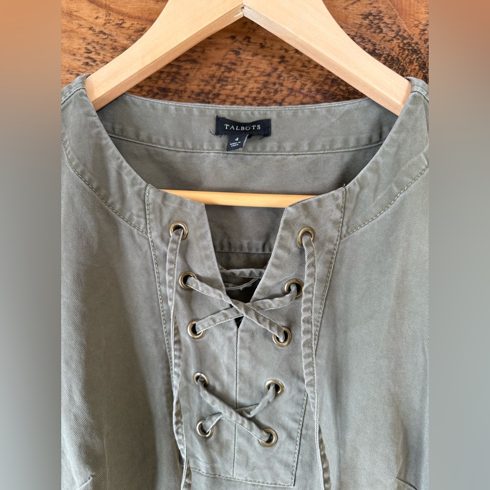 Talbot’s Tencel Olive Green 3/4 Sleeve Shift Dress w/ Lace-Up Detail - Size 4 - Picture 3 of 5